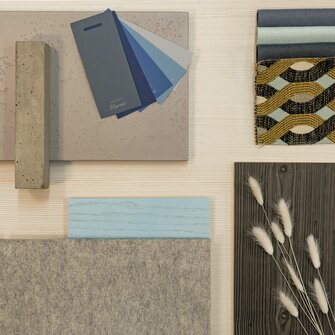 La combinaison des matériaux du Woodboard Nordic Blue suggère un confort nordique.